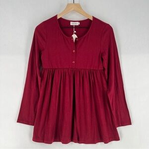 Coolmee‎ Soft Stretch Burgundy Pleated Babydoll Long Sleeve Henley Tunic Top